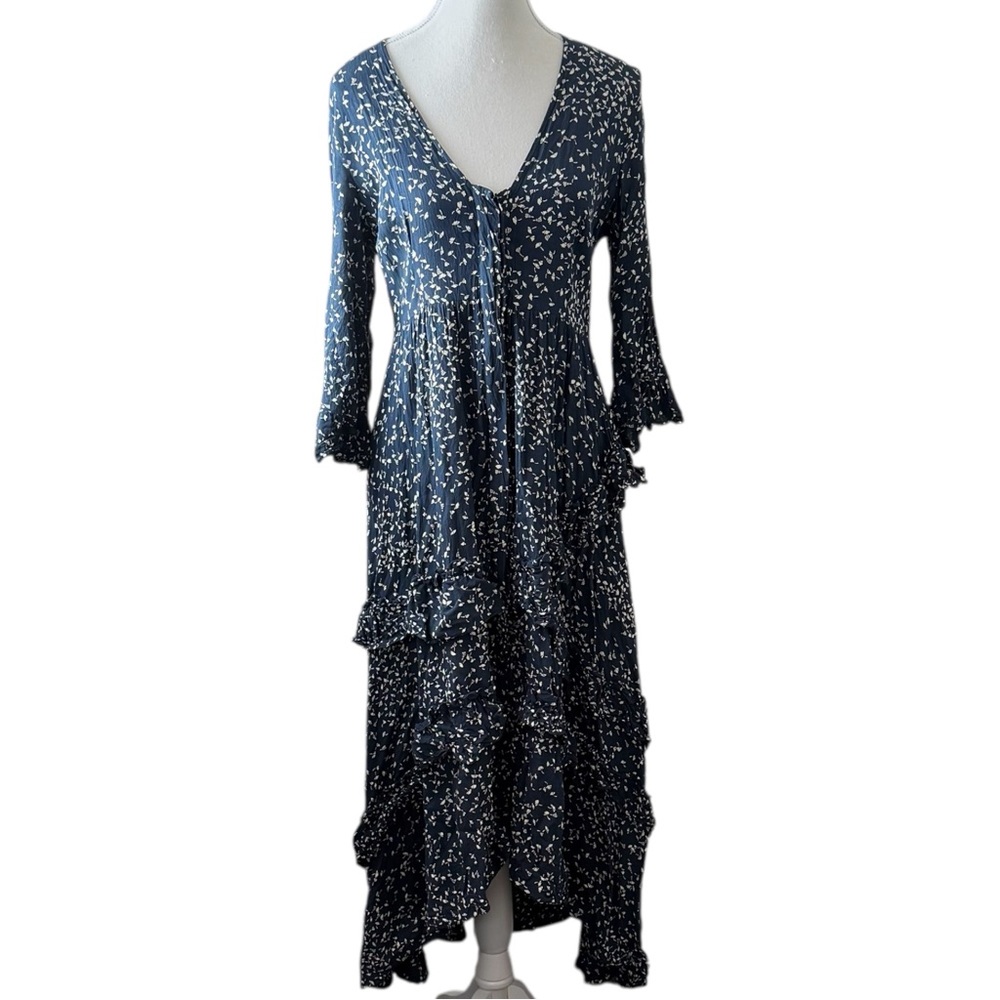 GANNI Barra Crepe Floral Tiered Ruffle Maxi Dress Long Sleeve Viscose Navy Sz 38